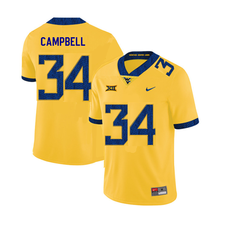 2019 Men #34 Shea Campbell West Virginia Mountaineers College Football Jerseys Sale-Yellow
